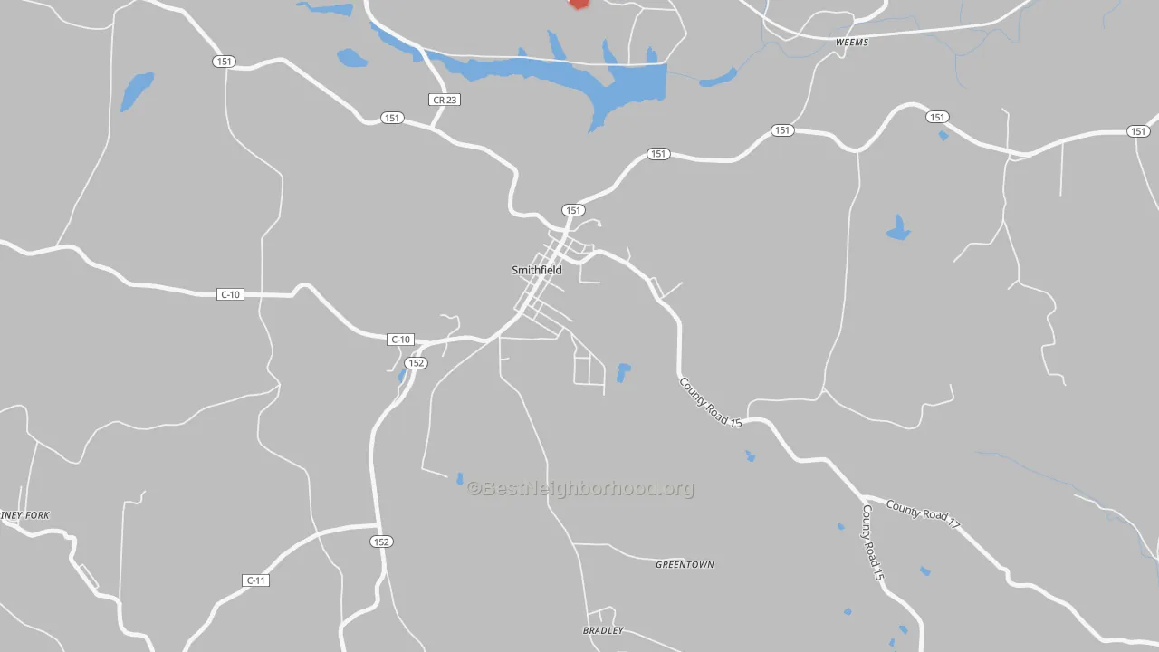 Walk Grade map of Smithfield, OH, walkable areas in green and car-dependent areas in red