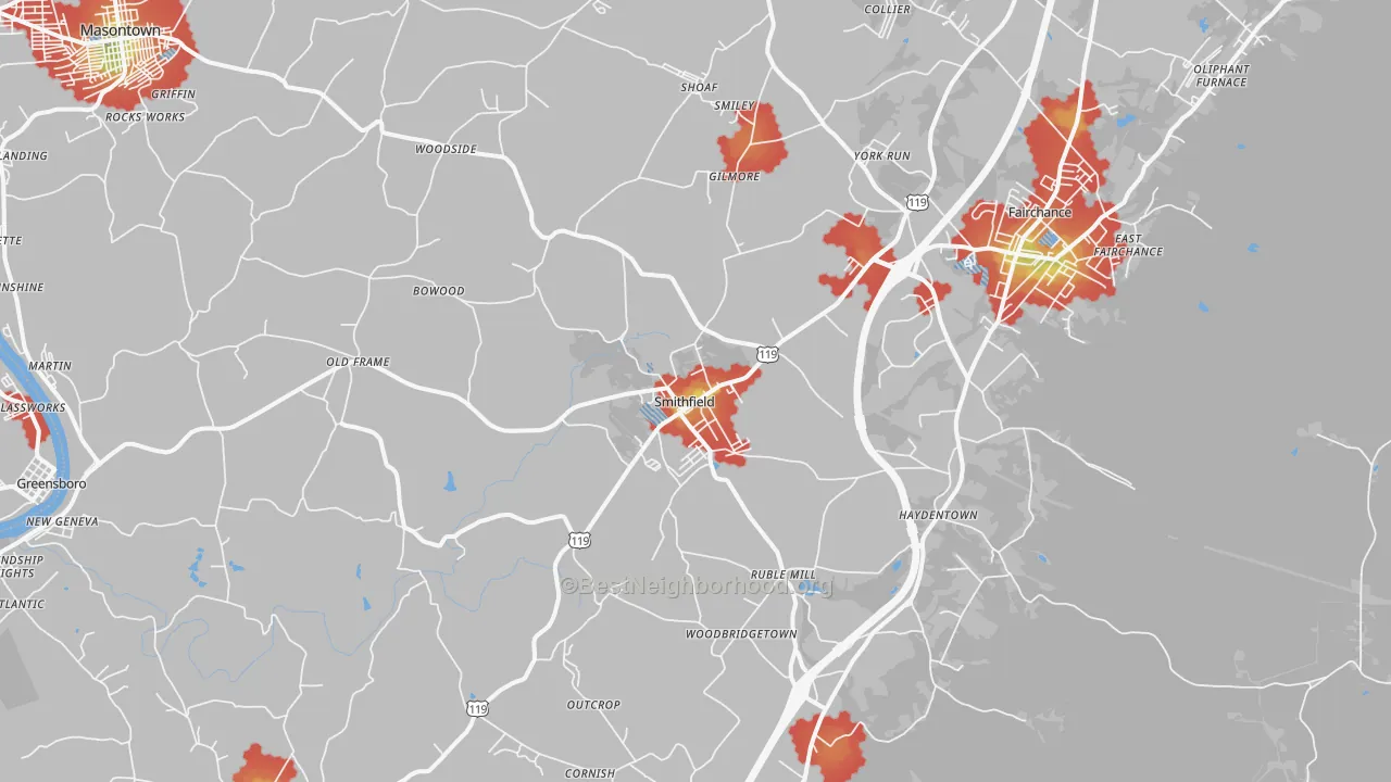 Walk Grade map of Smithfield, PA, walkable areas in green and car-dependent areas in red