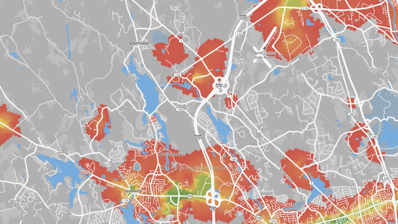 Walk Grade map of Smithfield, RI, walkable areas in green and car-dependent areas in red