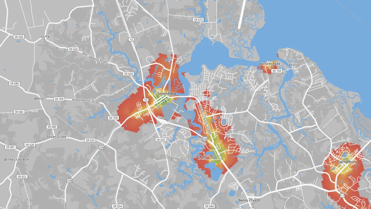 Walk Grade map of Smithfield, VA, walkable areas in green and car-dependent areas in red