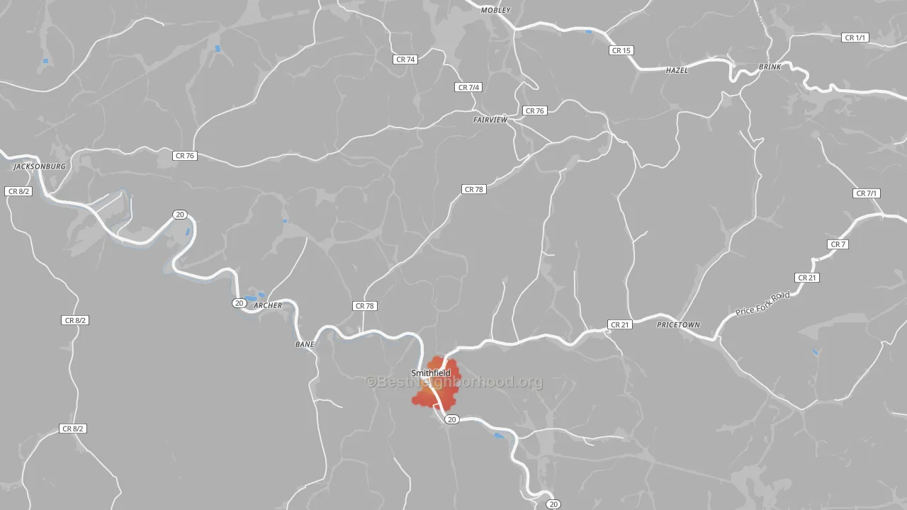 Walk Grade map of Smithfield, WV, walkable areas in green and car-dependent areas in red
