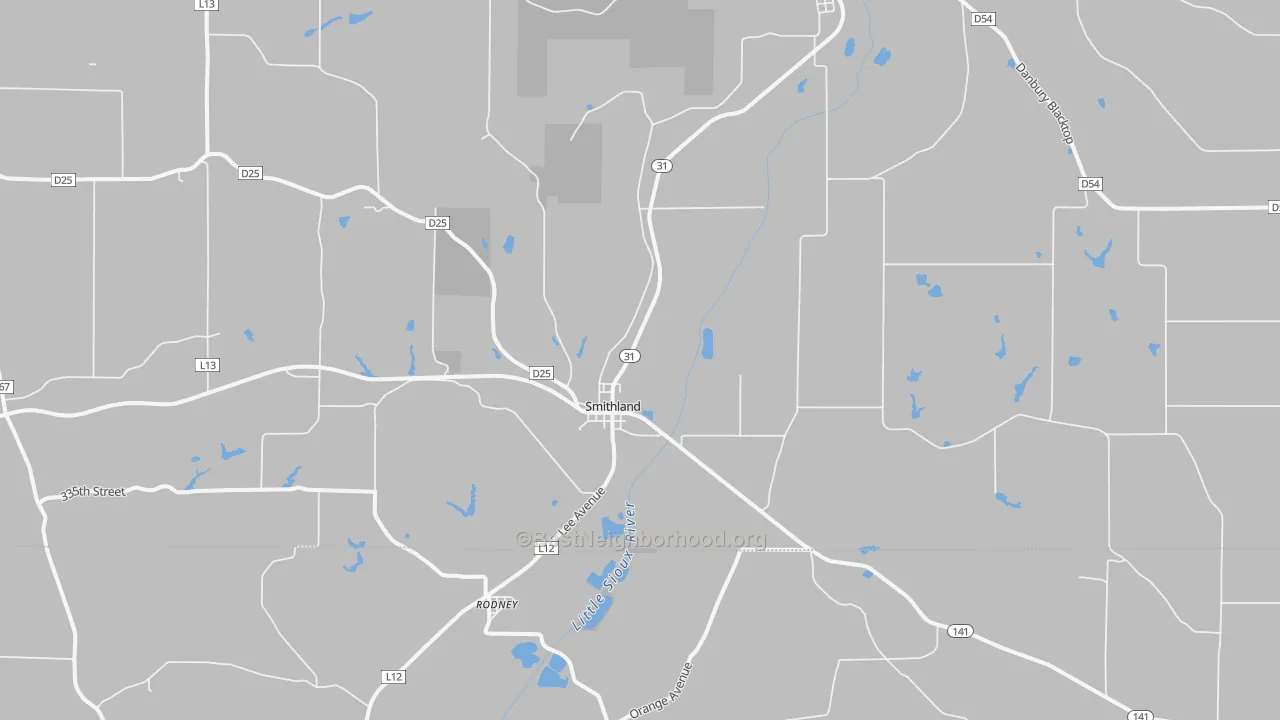 Walk Grade map of Smithland, IA, walkable areas in green and car-dependent areas in red