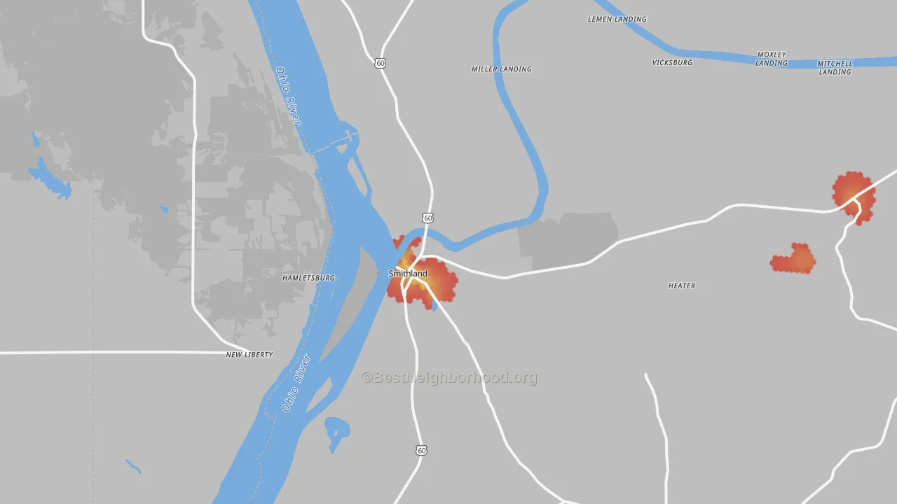 Walk Grade map of Smithland, KY, walkable areas in green and car-dependent areas in red