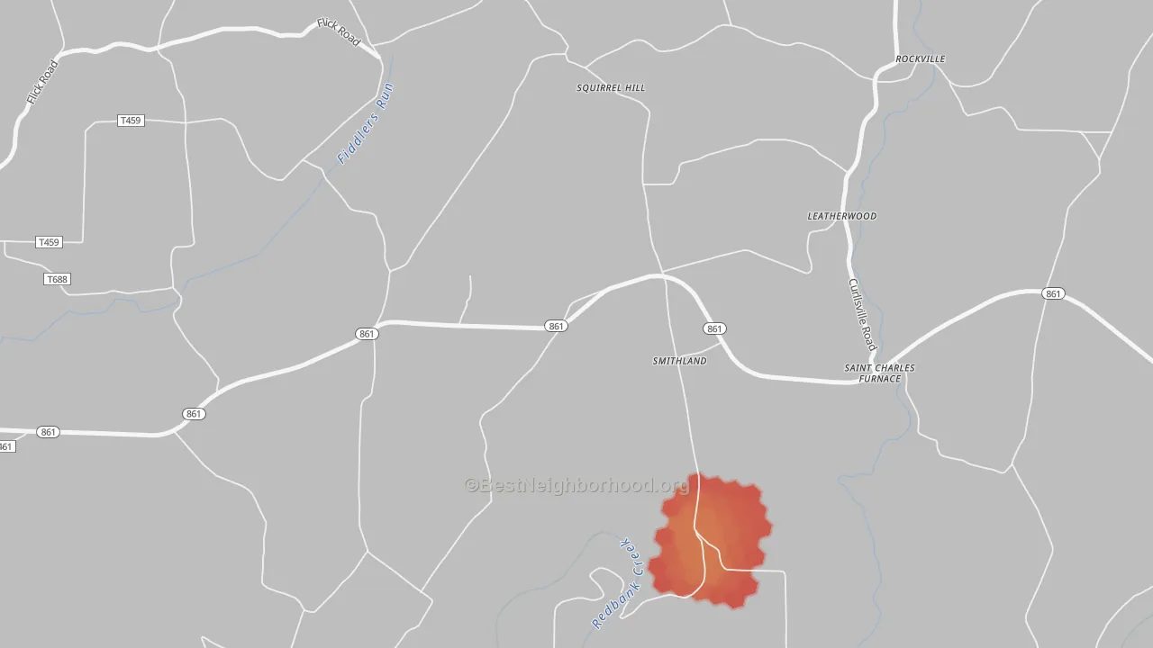 Walk Grade map of Smithland, PA, walkable areas in green and car-dependent areas in red