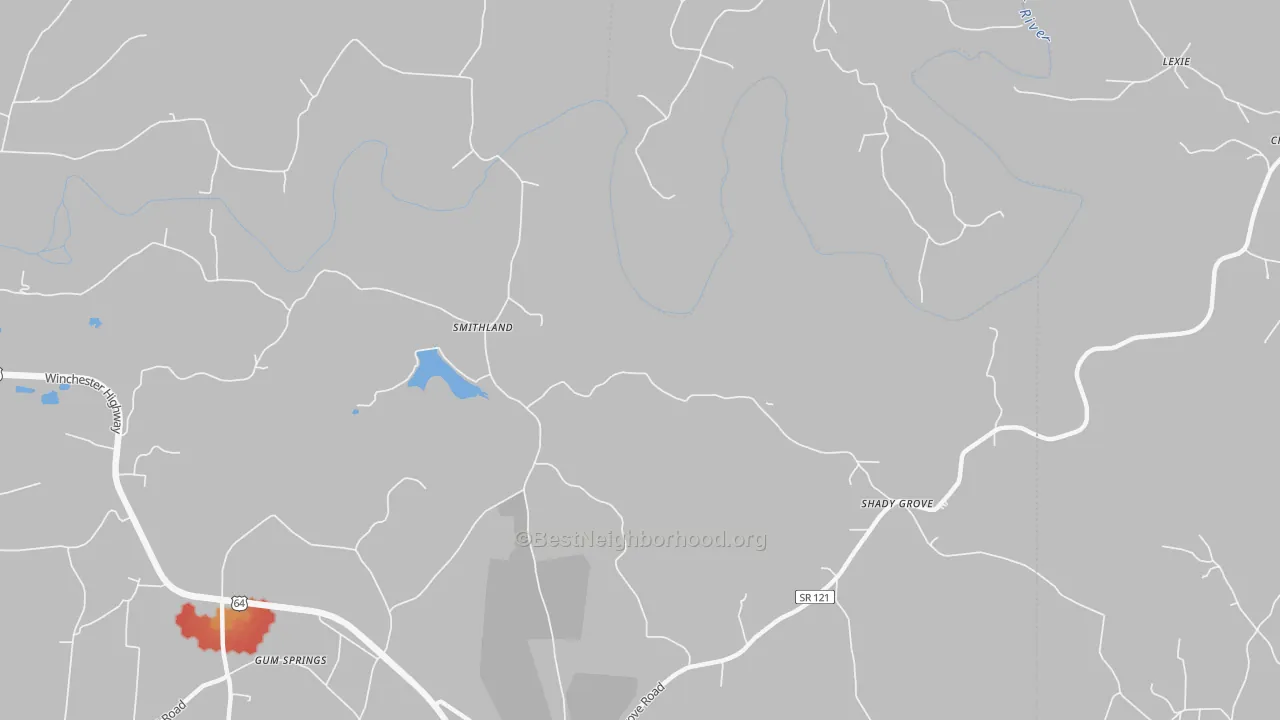 Walk Grade map of Smithland, TN, walkable areas in green and car-dependent areas in red