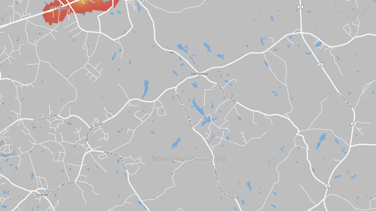 Walk Grade map of Smithonia, GA, walkable areas in green and car-dependent areas in red