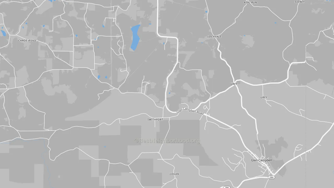 Walk Grade map of Smithport, PA, walkable areas in green and car-dependent areas in red
