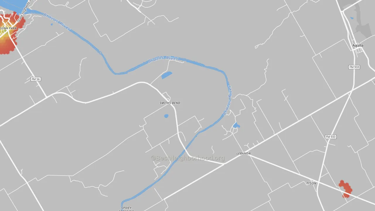 Walk Grade map of Smiths Bend, TX, walkable areas in green and car-dependent areas in red