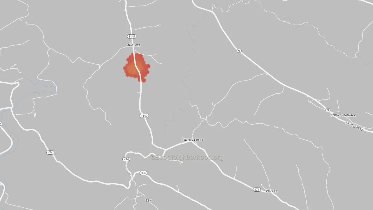 Walk Grade map of Smiths Creek, KY, walkable areas in green and car-dependent areas in red