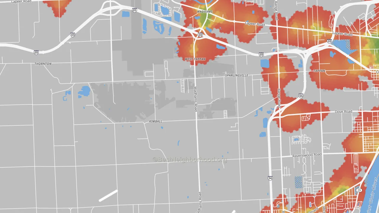 Walk Grade map of Smiths Creek, MI, walkable areas in green and car-dependent areas in red
