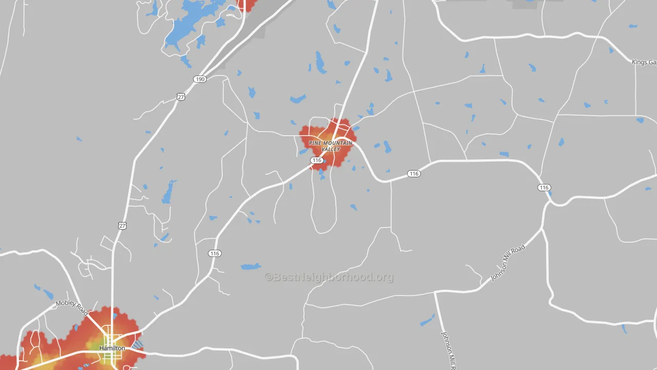 Walk Grade map of Smiths Crossroads, GA, walkable areas in green and car-dependent areas in red