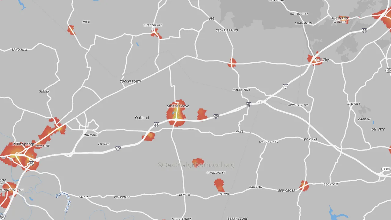 Walk Grade map of Smiths Grove, KY, walkable areas in green and car-dependent areas in red