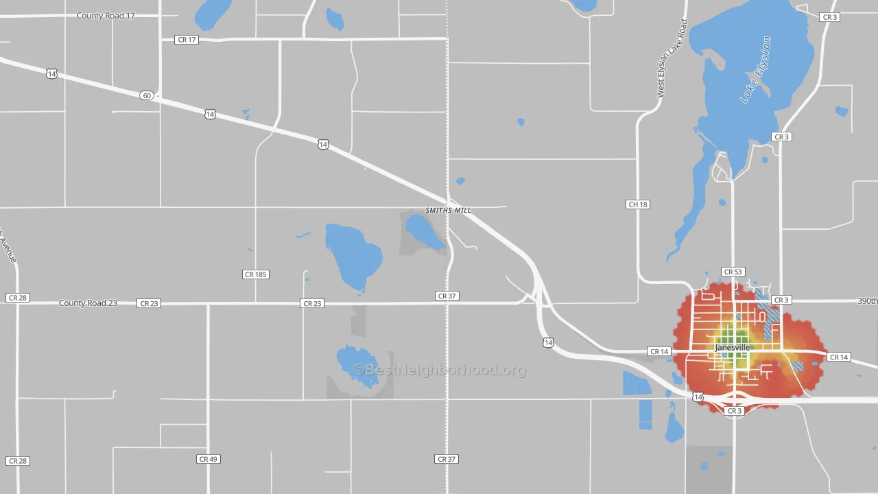 Walk Grade map of Smiths Mill, MN, walkable areas in green and car-dependent areas in red