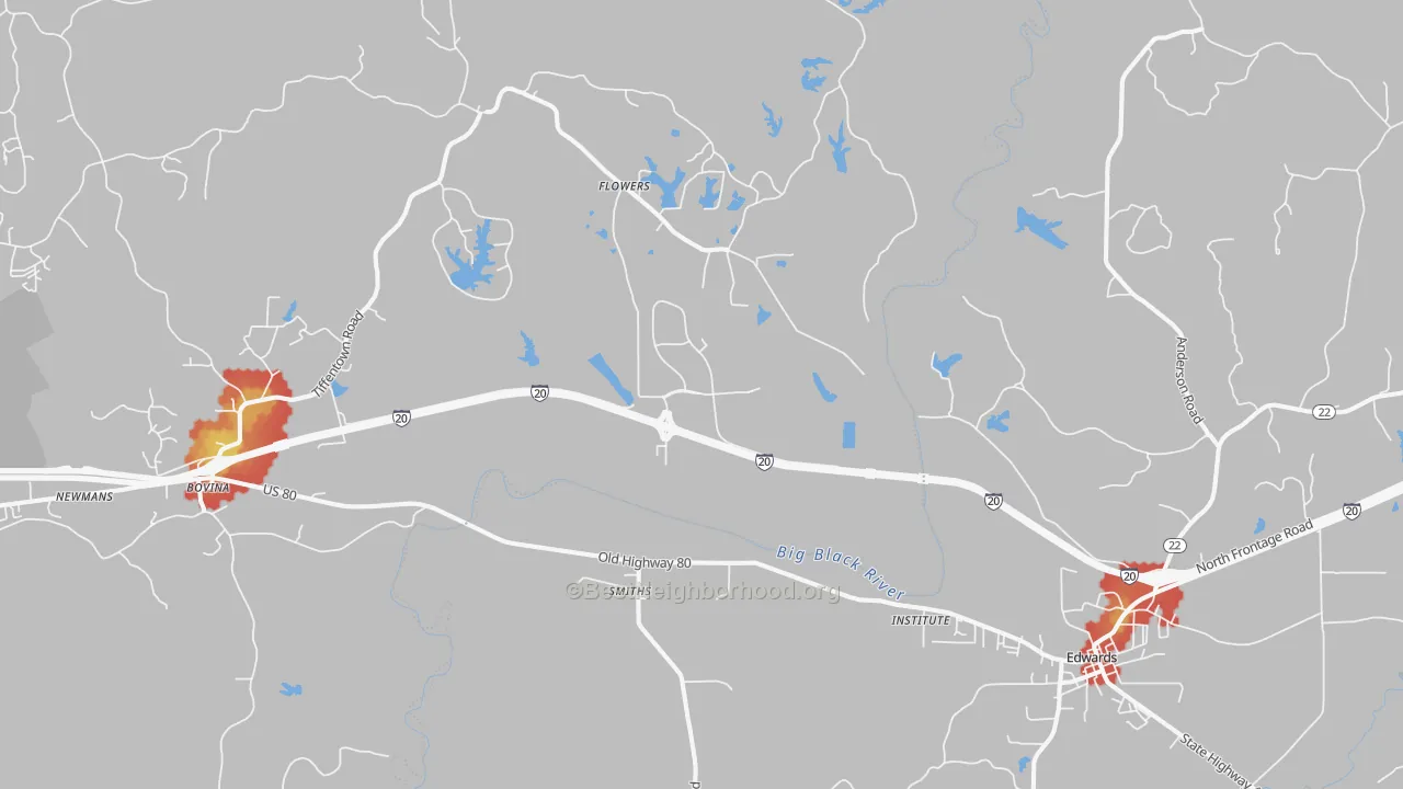 Walk Grade map of Smiths, MS, walkable areas in green and car-dependent areas in red