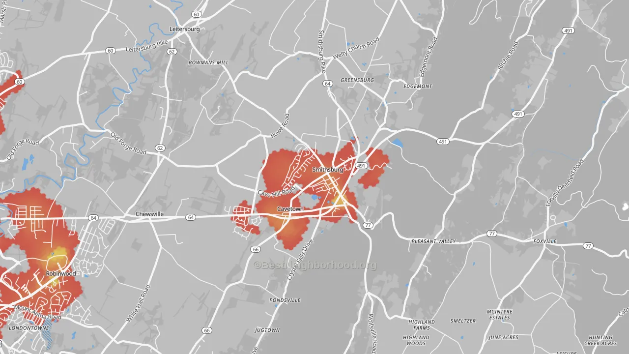 Walk Grade map of Smithsburg, MD, walkable areas in green and car-dependent areas in red