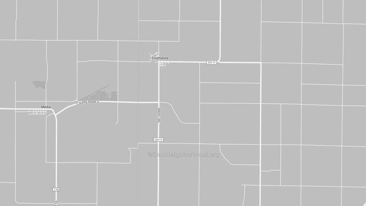 Walk Grade map of Smithshire, IL, walkable areas in green and car-dependent areas in red