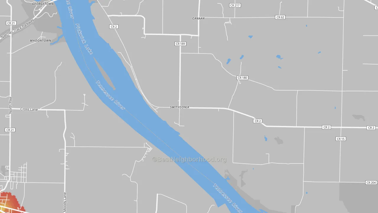 Walk Grade map of Smithsonia, AL, walkable areas in green and car-dependent areas in red