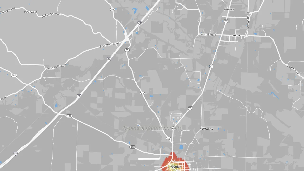 Walk Grade map of Smithton, AR, walkable areas in green and car-dependent areas in red