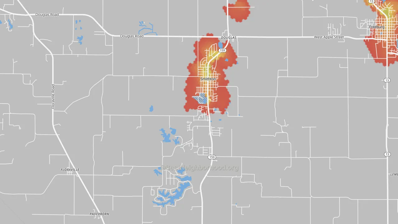 Walk Grade map of Smithton, IL, walkable areas in green and car-dependent areas in red