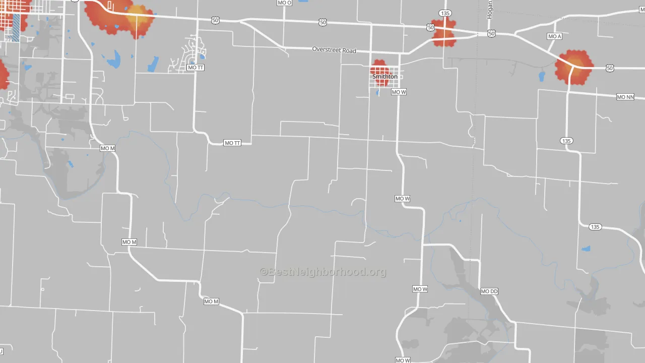 Walk Grade map of Smithton, MO, walkable areas in green and car-dependent areas in red
