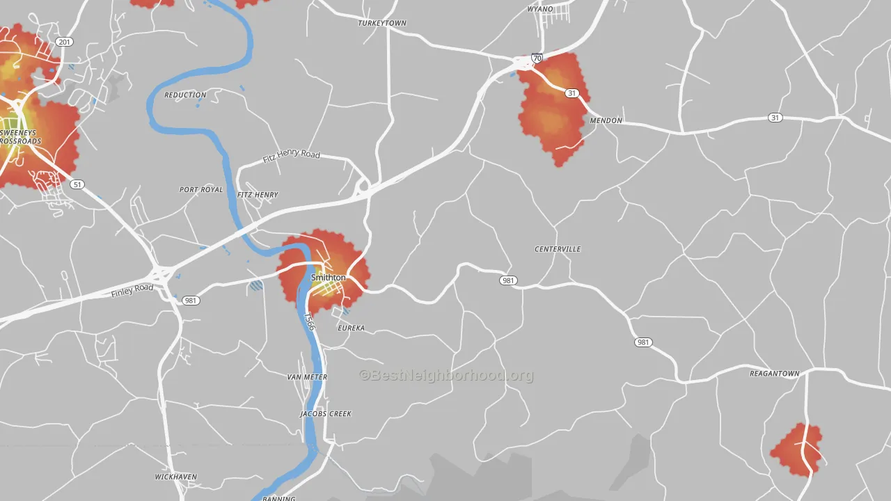 Walk Grade map of Smithton, PA, walkable areas in green and car-dependent areas in red