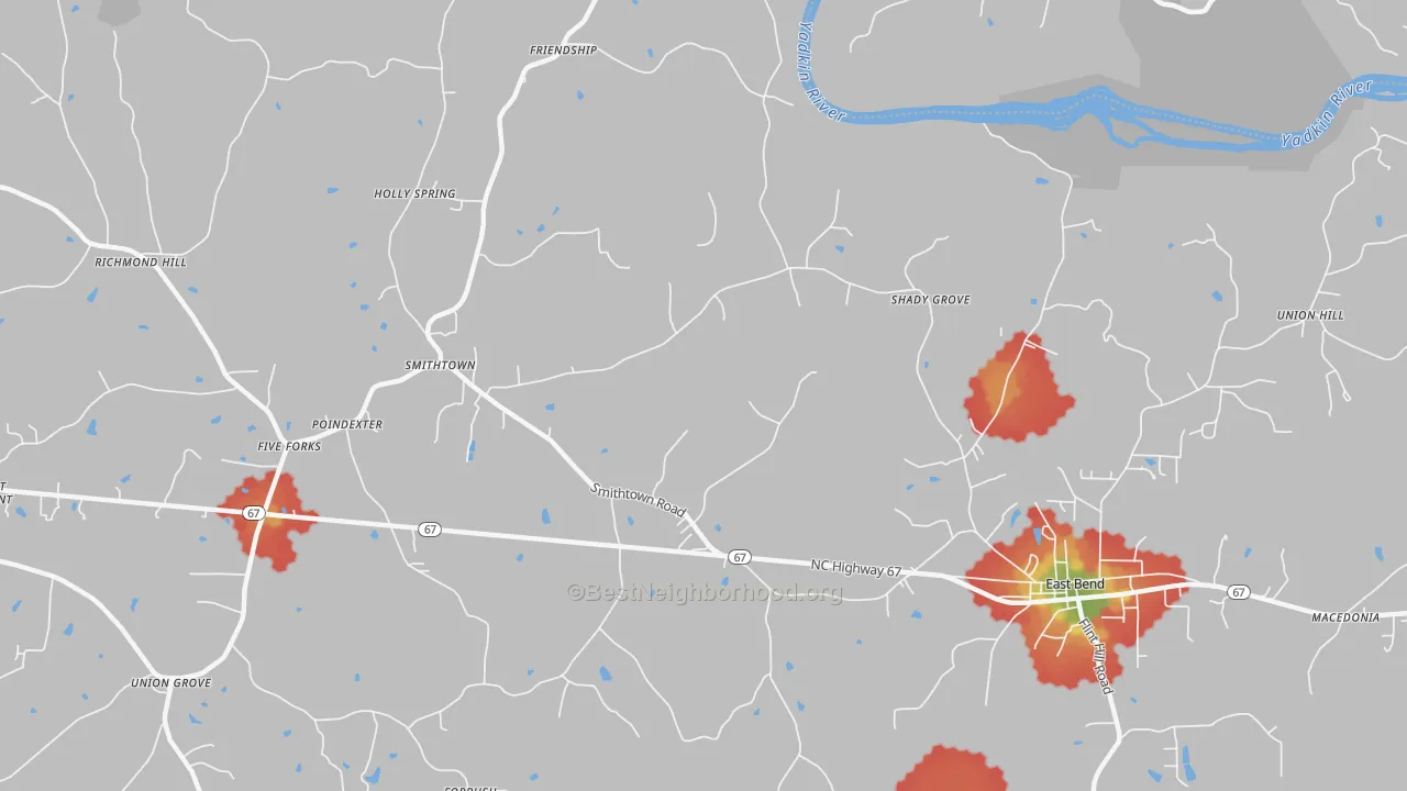 Walk Grade map of Smithtown, NC, walkable areas in green and car-dependent areas in red