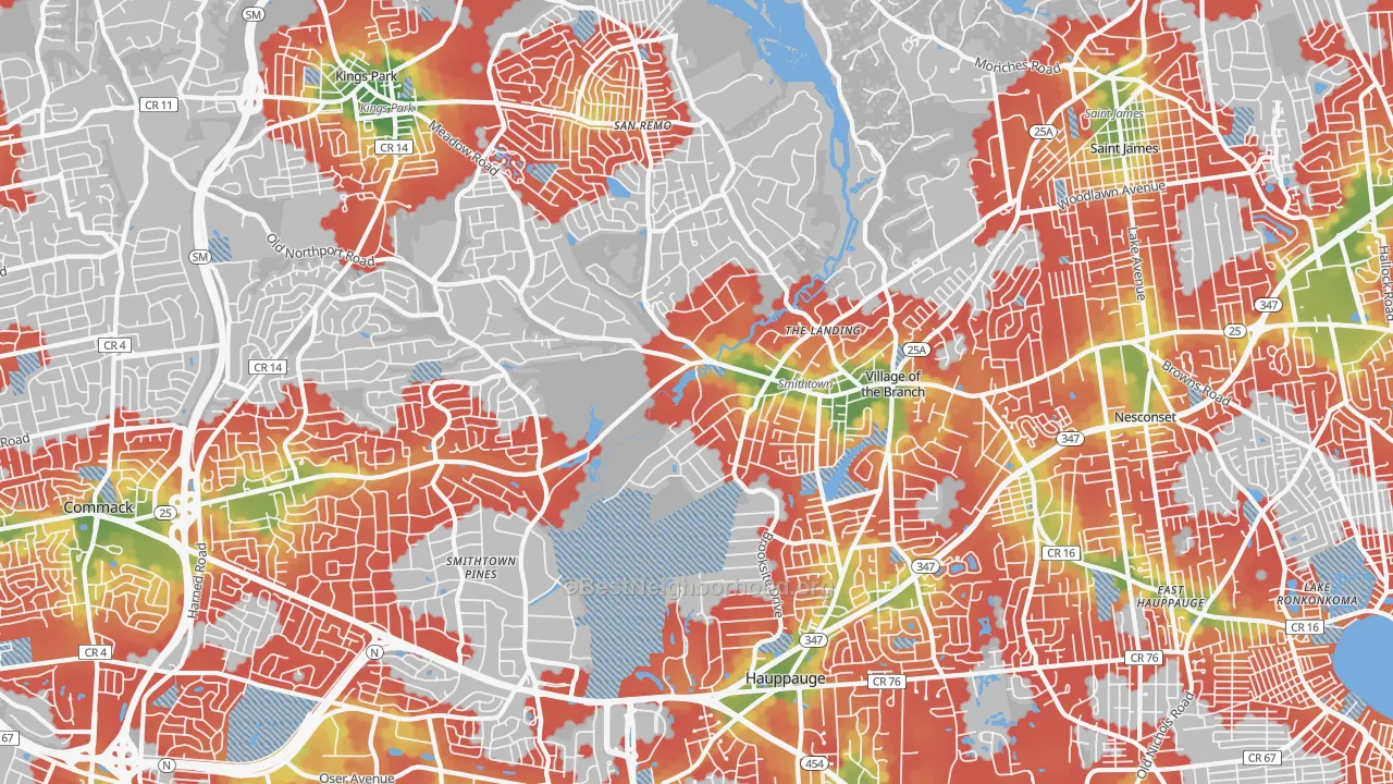 Walk Grade map of Smithtown, NY, walkable areas in green and car-dependent areas in red