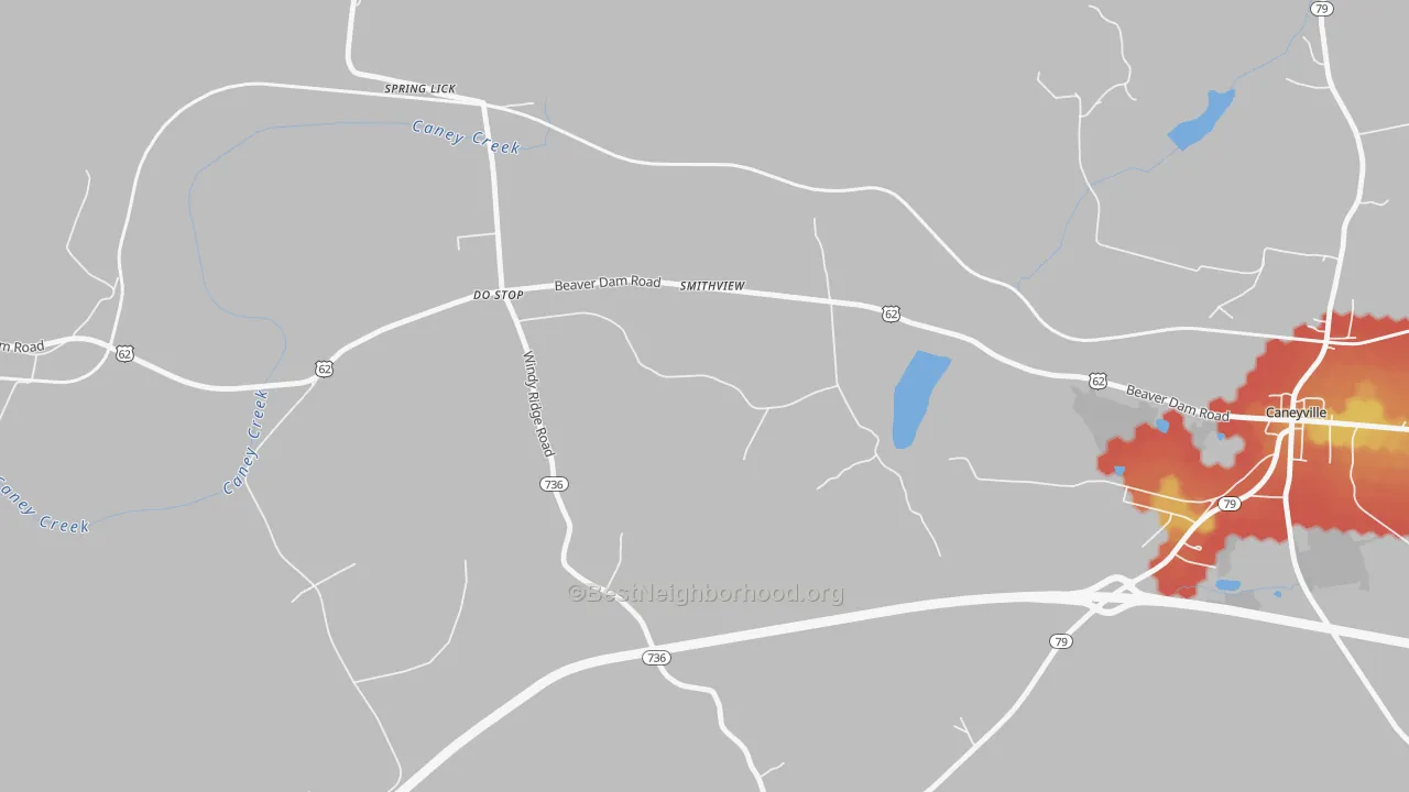 Walk Grade map of Smithview, KY, walkable areas in green and car-dependent areas in red
