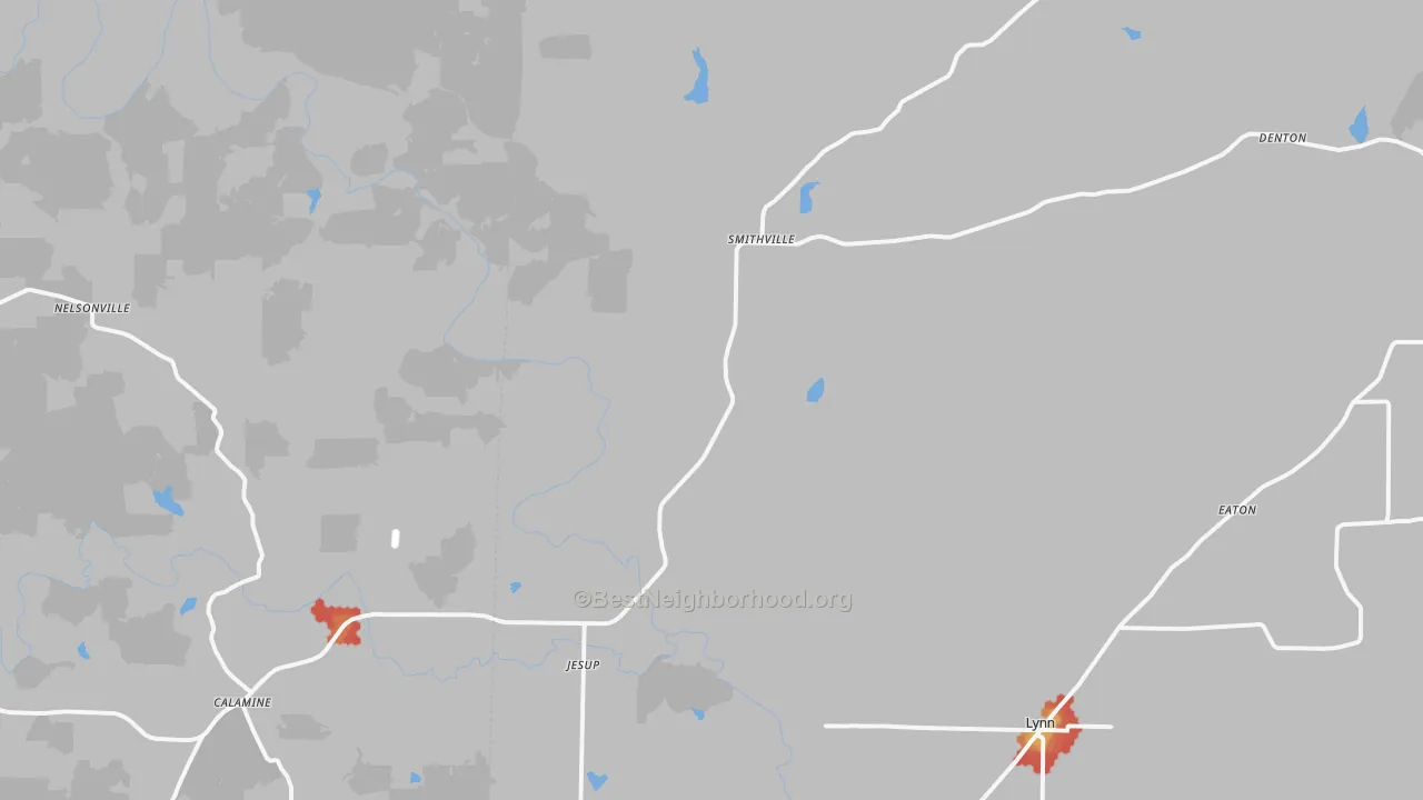 Walk Grade map of Smithville, AR, walkable areas in green and car-dependent areas in red