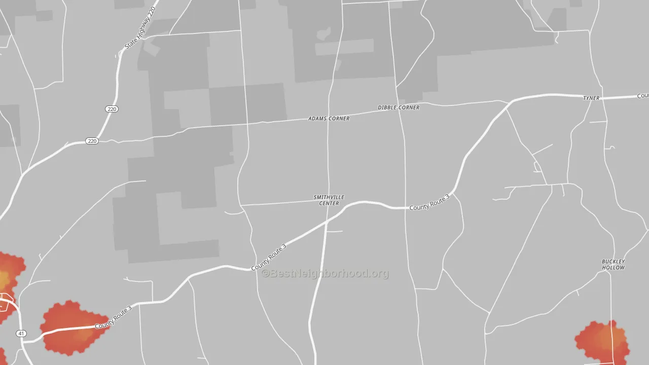 Walk Grade map of Smithville Center, NY, walkable areas in green and car-dependent areas in red