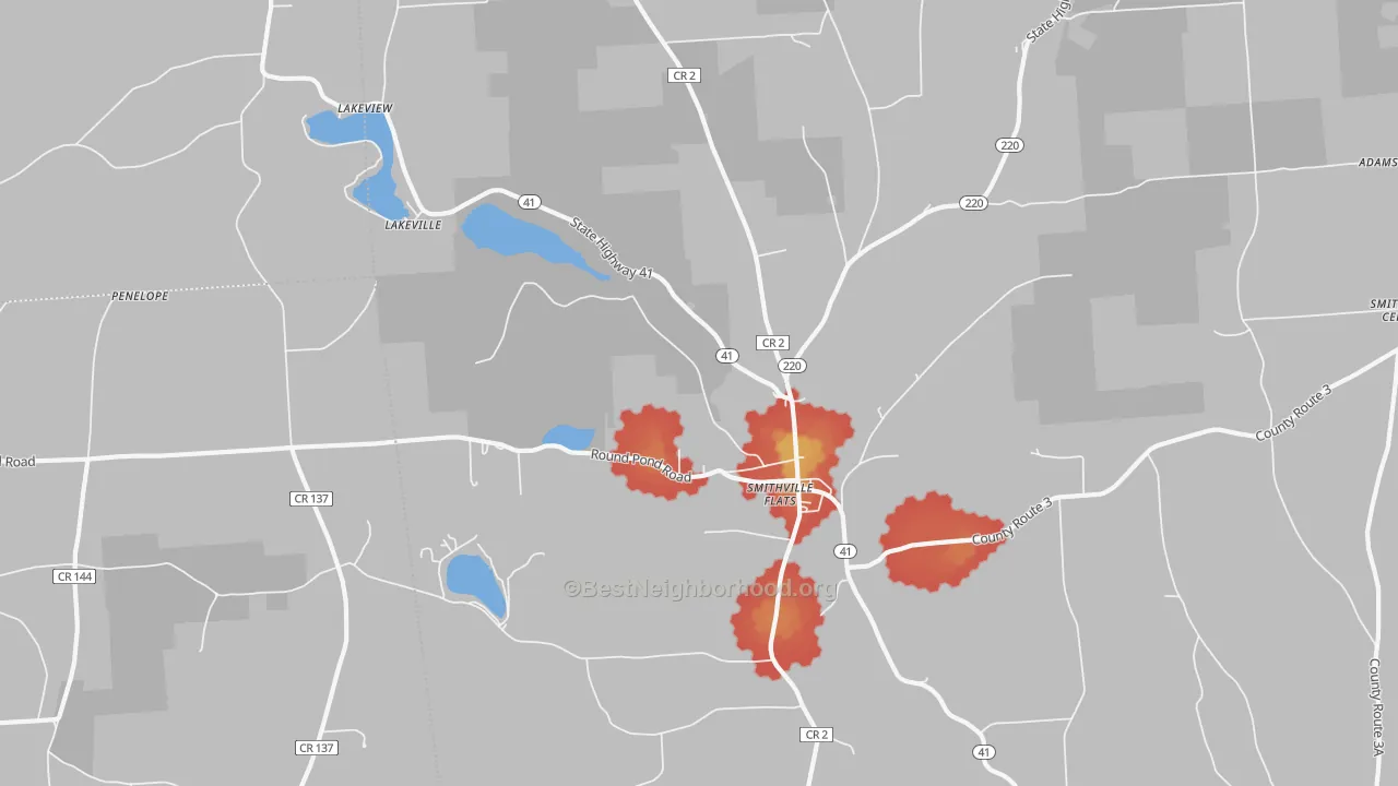 Walk Grade map of Smithville Flats, NY, walkable areas in green and car-dependent areas in red