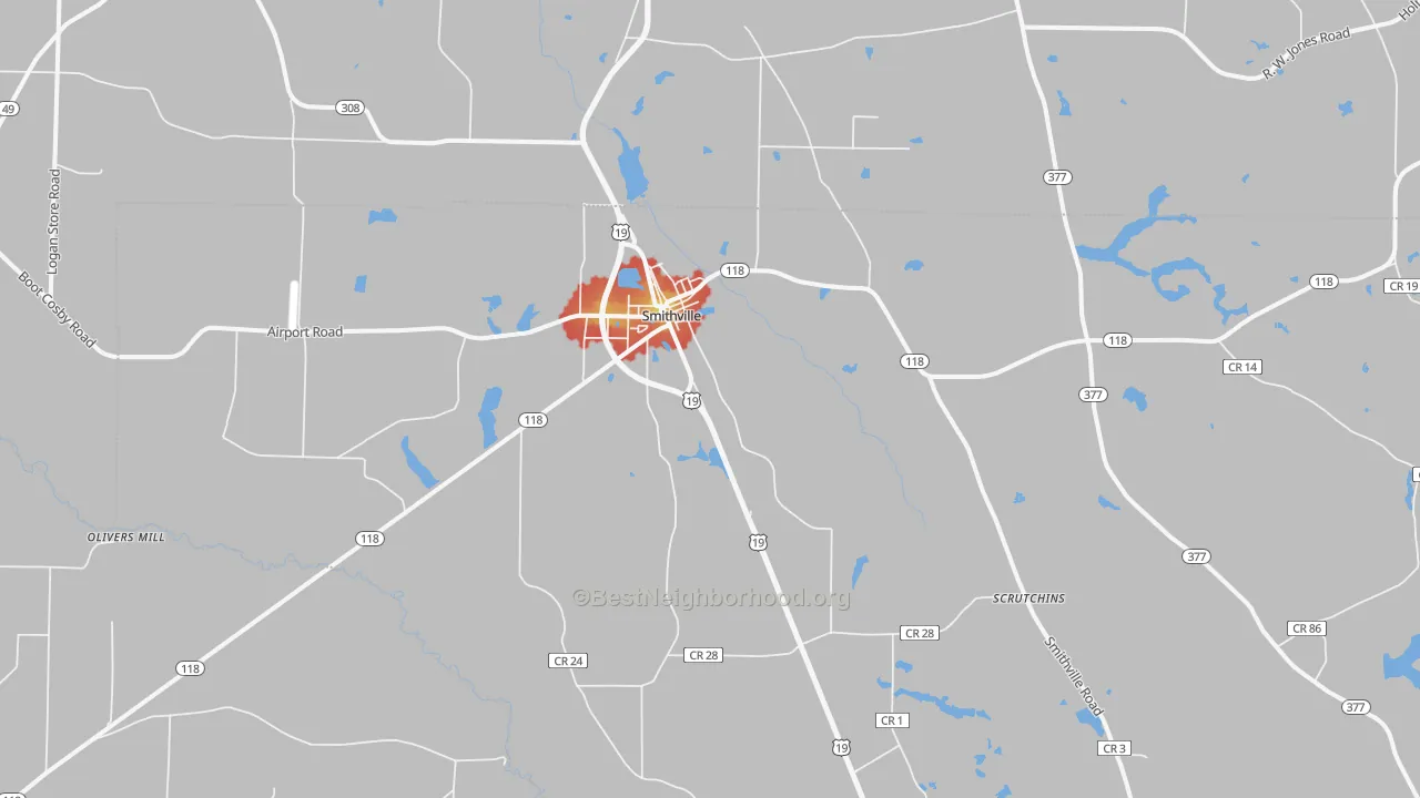 Walk Grade map of Smithville, GA, walkable areas in green and car-dependent areas in red