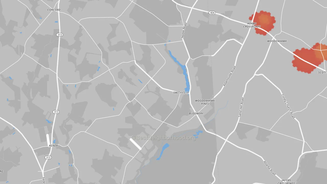 Walk Grade map of Smithville, MD, walkable areas in green and car-dependent areas in red