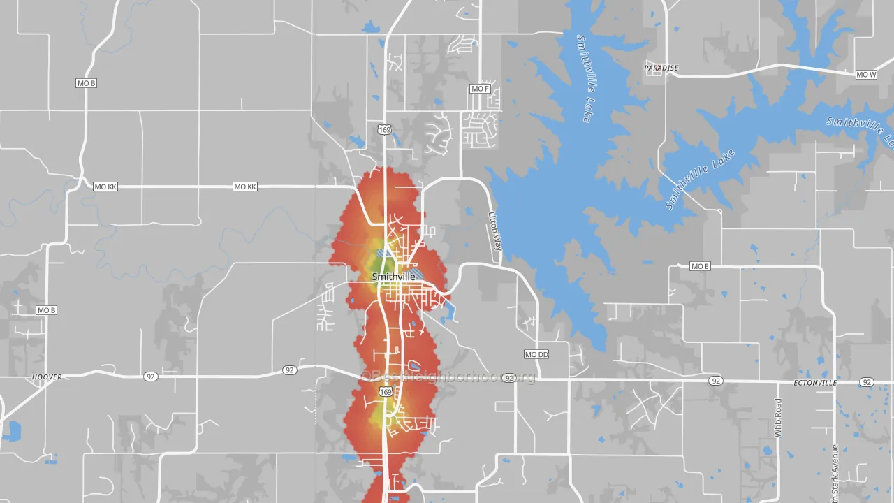 Walk Grade map of Smithville, MO, walkable areas in green and car-dependent areas in red