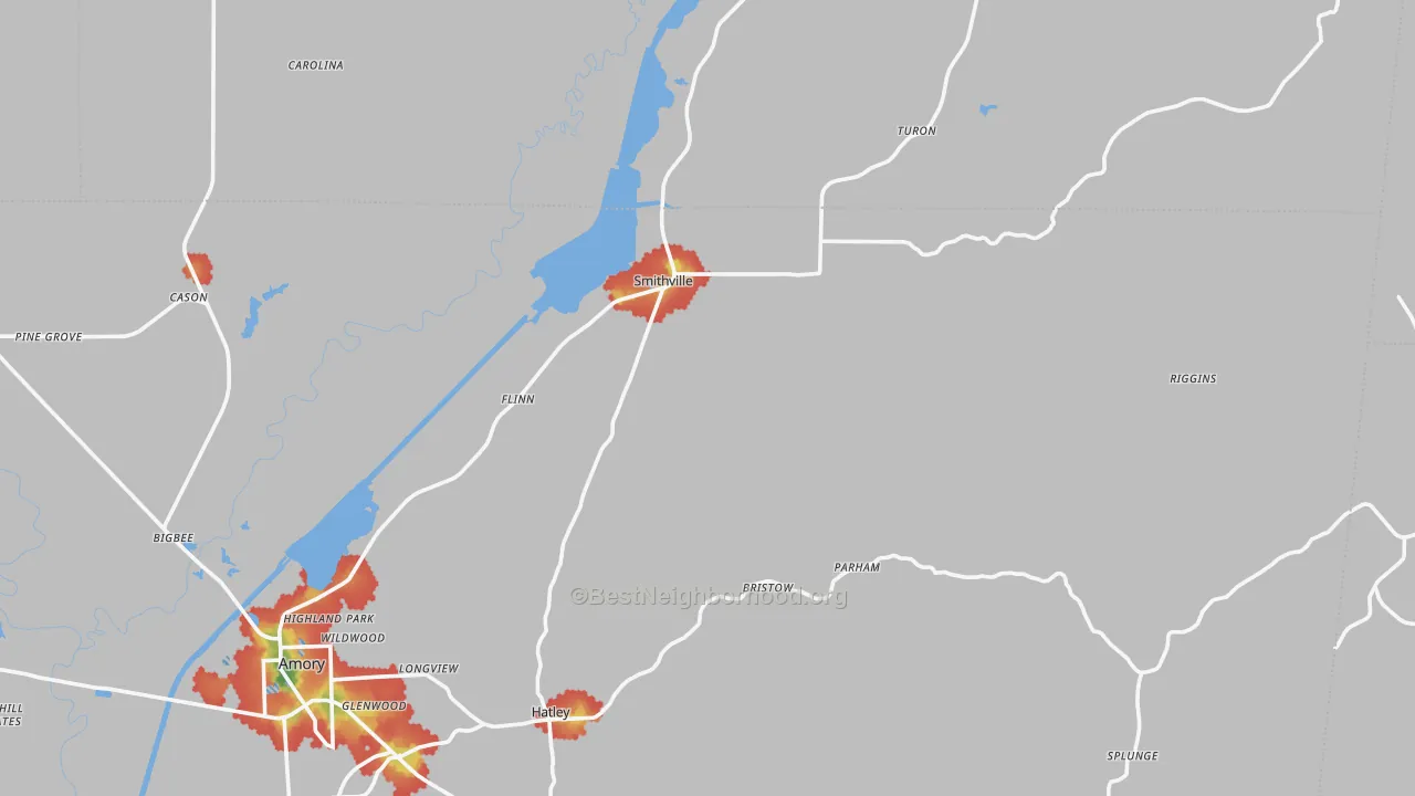 Walk Grade map of Smithville, MS, walkable areas in green and car-dependent areas in red