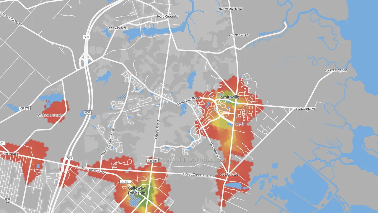 Walk Grade map of Smithville, NJ, walkable areas in green and car-dependent areas in red