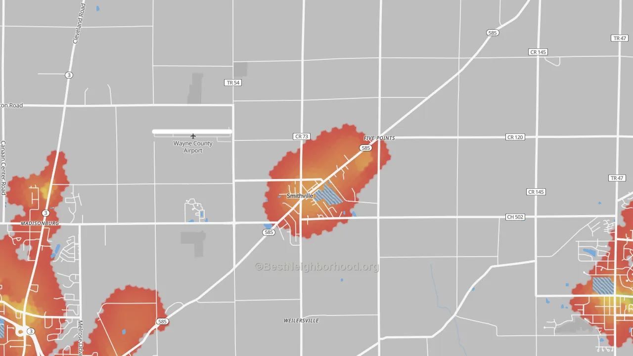 Walk Grade map of Smithville, OH, walkable areas in green and car-dependent areas in red
