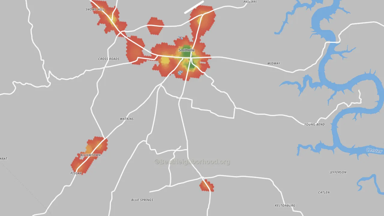 Walk Grade map of Smithville, TN, walkable areas in green and car-dependent areas in red