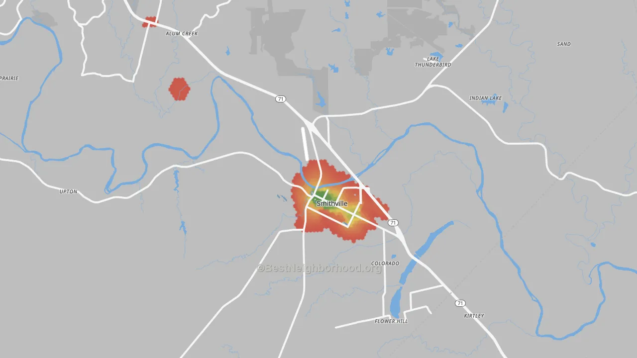 Walk Grade map of Smithville, TX, walkable areas in green and car-dependent areas in red