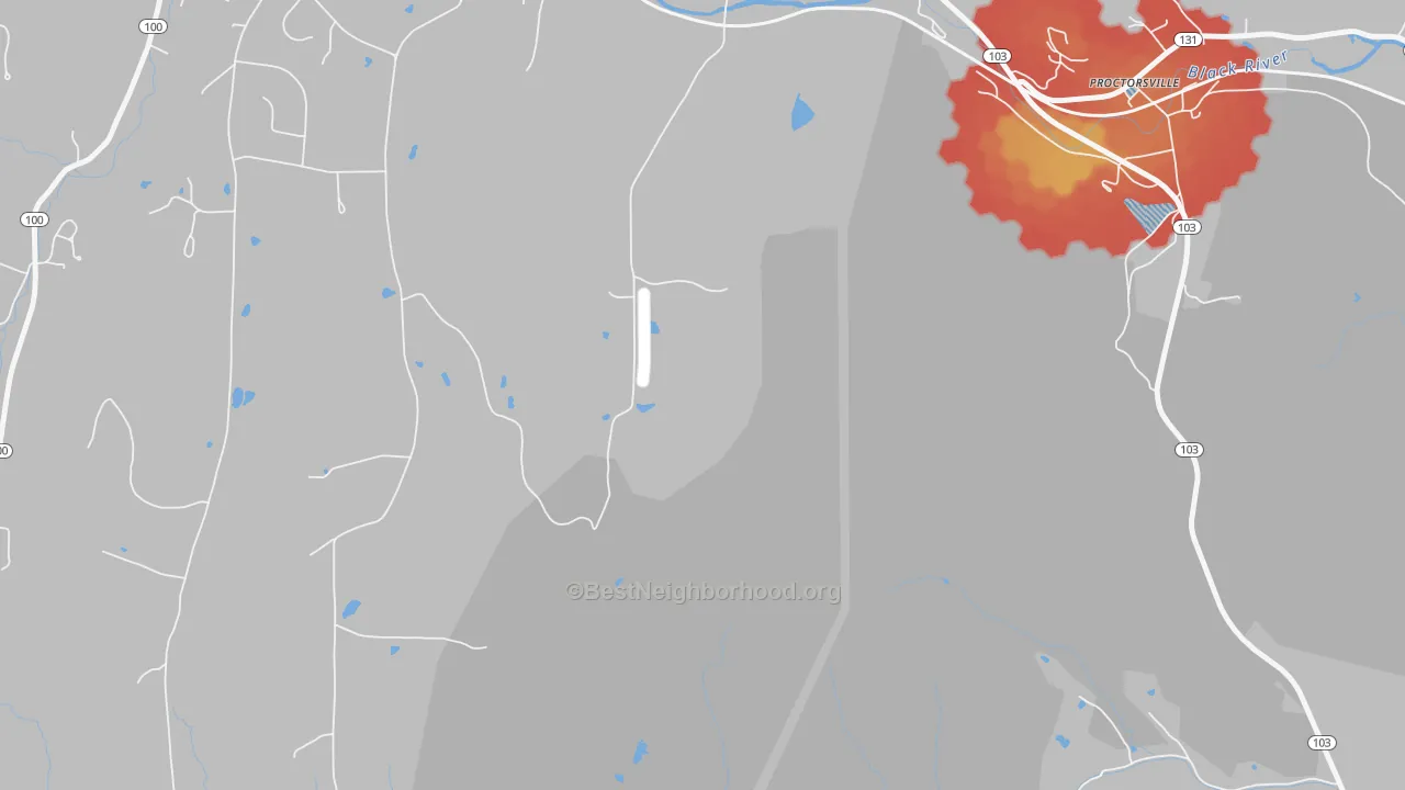 Walk Grade map of Smithville, VT, walkable areas in green and car-dependent areas in red