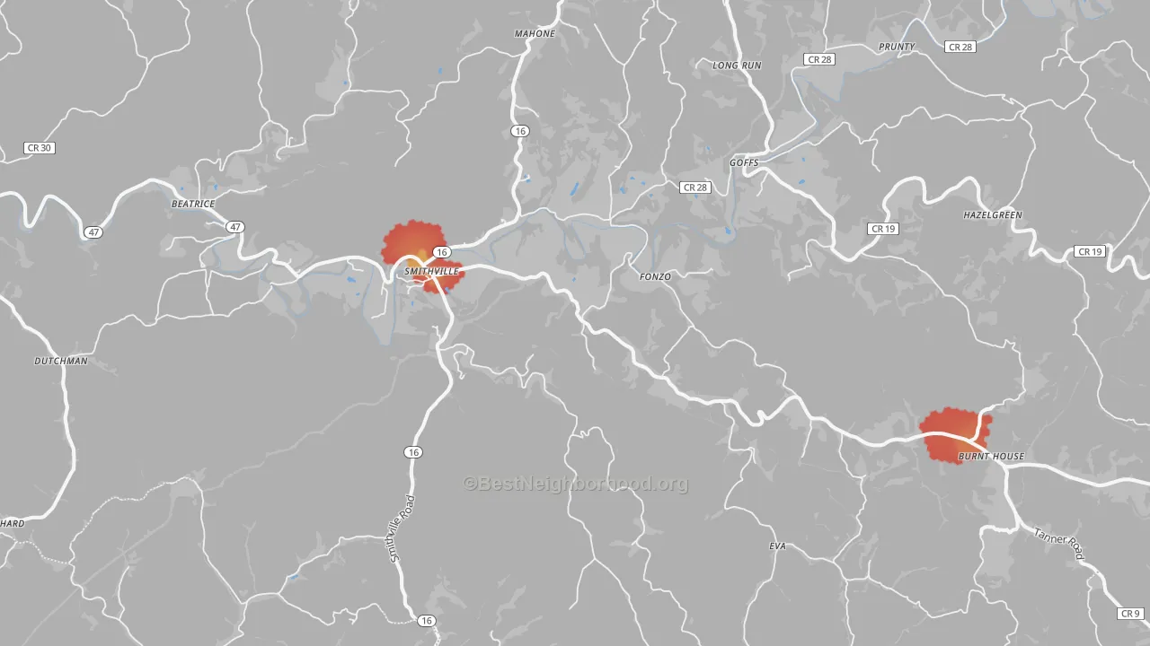 Walk Grade map of Smithville, WV, walkable areas in green and car-dependent areas in red