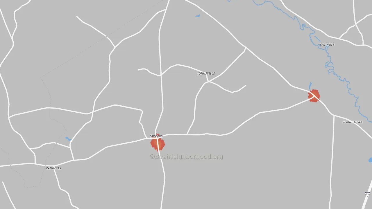 Walk Grade map of Smoaks, SC, walkable areas in green and car-dependent areas in red