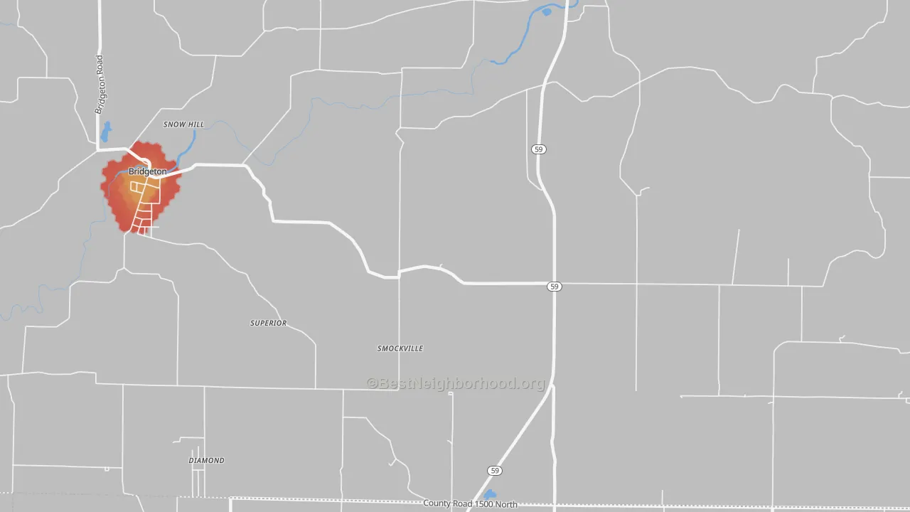 Walk Grade map of Smockville, IN, walkable areas in green and car-dependent areas in red
