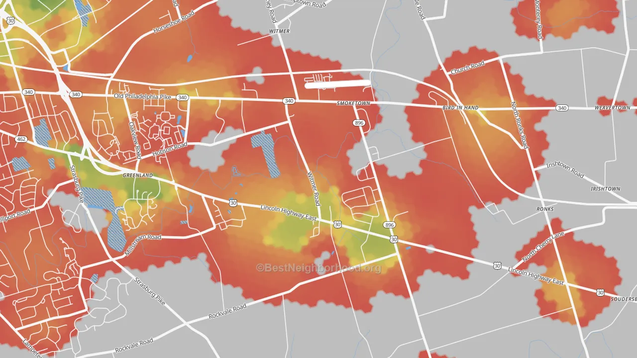 Walk Grade map of Smoketown, PA, walkable areas in green and car-dependent areas in red