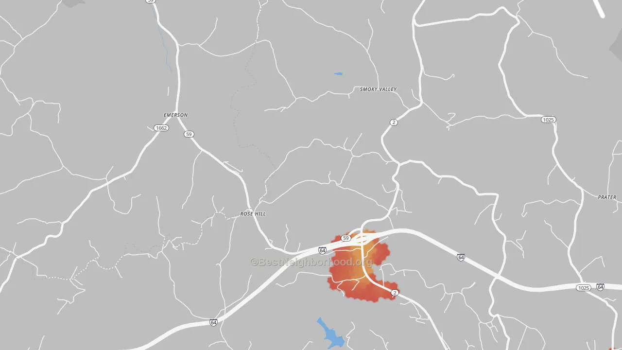 Walk Grade map of Smoky Valley, KY, walkable areas in green and car-dependent areas in red