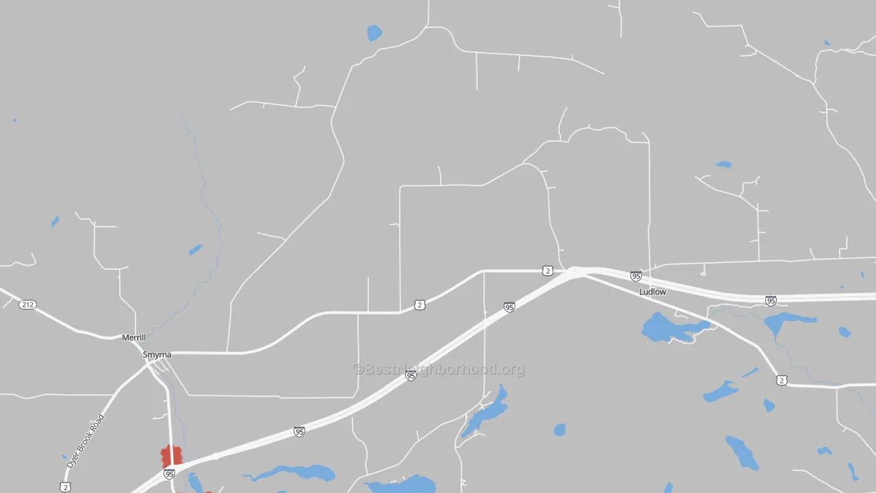Walk Grade map of Smyrna Center, ME, walkable areas in green and car-dependent areas in red
