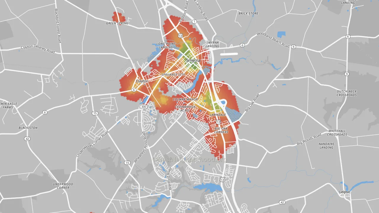 Walk Grade map of Smyrna, DE, walkable areas in green and car-dependent areas in red
