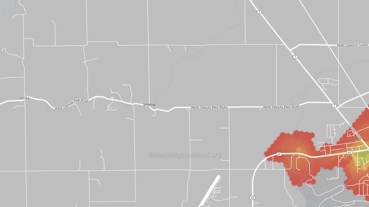 Walk Grade map of Smyrna, IN, walkable areas in green and car-dependent areas in red