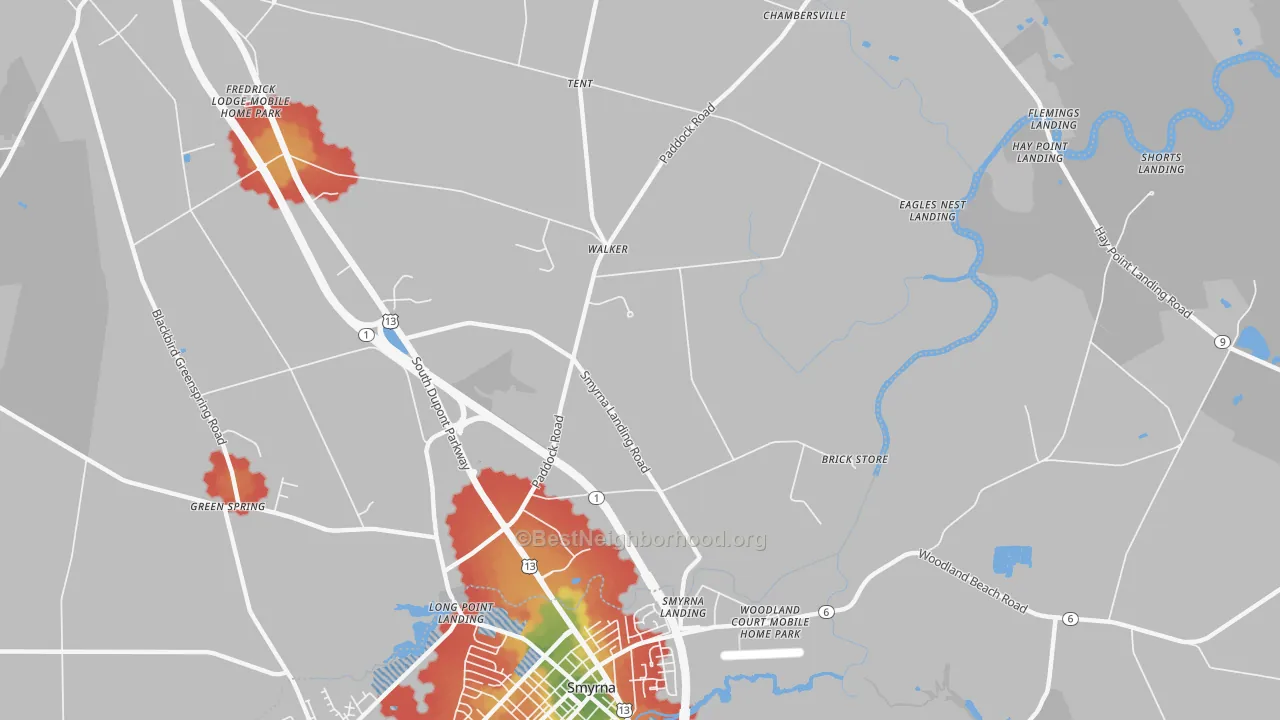 Walk Grade map of Smyrna Landing, DE, walkable areas in green and car-dependent areas in red
