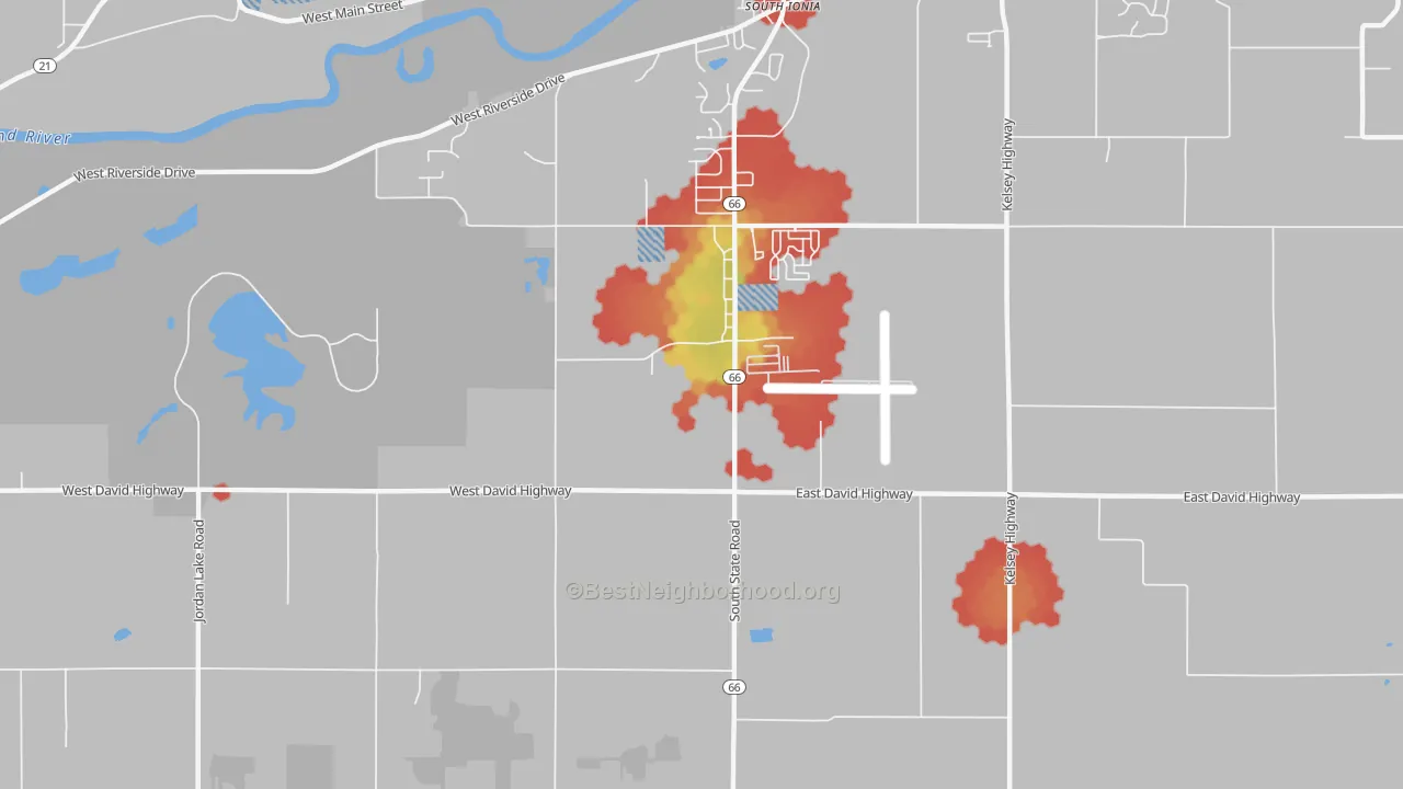 Walk Grade map of Smyrna, MI, walkable areas in green and car-dependent areas in red